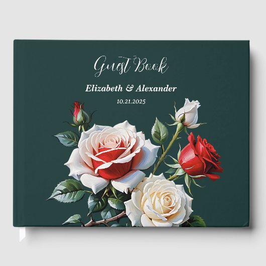 Pretty pink white red roses floral green wedding gästebuch (Vorderseite)