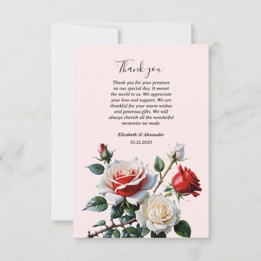 Pretty pink white red roses floral wedding  dankeskarte (Vorderseite)