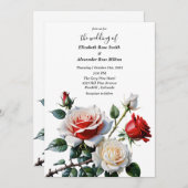 Pretty pink white red roses floral wedding einladung (Vorne/Hinten)
