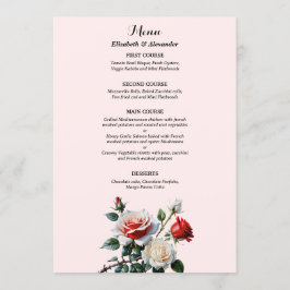 Pretty pink white red roses floral wedding  menükarte