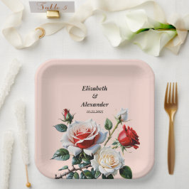 Pretty pink white red roses floral wedding pappteller