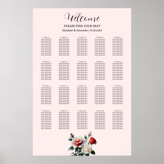 Pretty pink white red roses seating chart poster (Vorne)