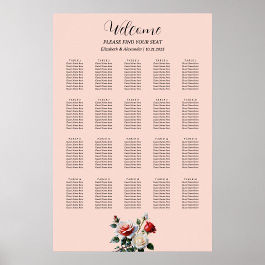 Pretty pink white red roses seating chart poster (Vorne)