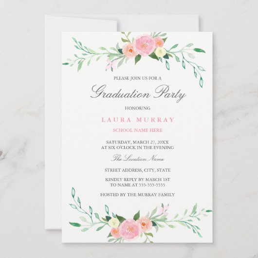 Pretty Pink Wildflower Graduation Party Invitation Einladung (Vorderseite)