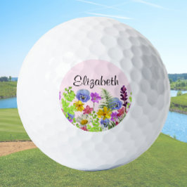 Pretty pink wildflowers with custom name womens golfball