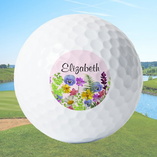 Pretty pink wildflowers with custom name womens golfball