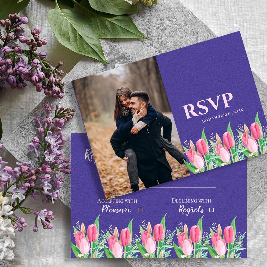 Pretty Purple & Blush Tulip Floral Photo Wedding RSVP Karte