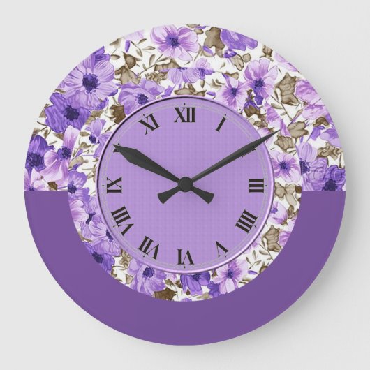 Pretty Purple & White Floral Wall Clock 2 Große Wanduhr (Vorderseite)