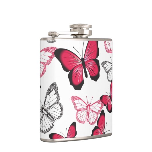Pretty Red and Black Butterfly Art Pattern Flachmann (Rechts)
