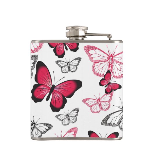 Pretty Red and Black Butterfly Art Pattern Flachmann (Rückseite)