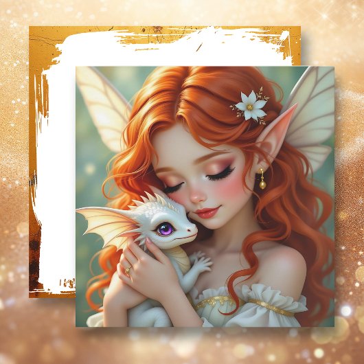 Pretty Red Haired Fairy with Dragon Karte