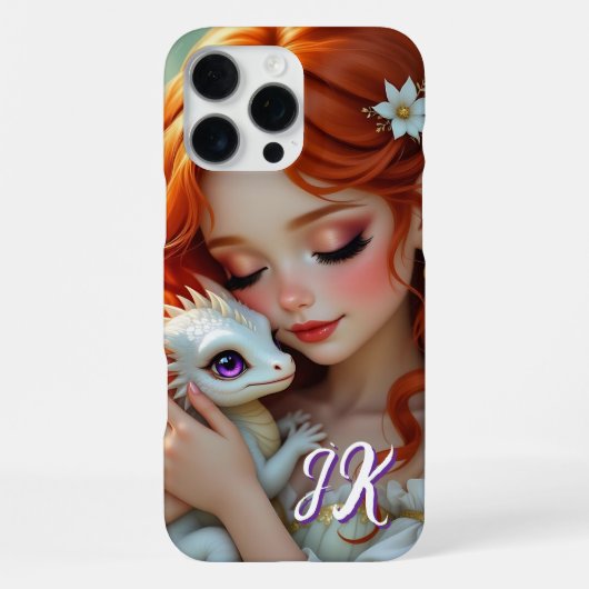 Pretty Red Haired Fairy with Dragon Monogrammed iPhone Hülle (Rückseite)