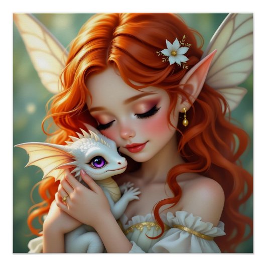 Pretty Red Haired Fairy with Dragon Poster (Vorderseite)