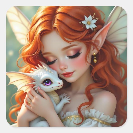 Pretty Red Haired Fairy with Dragon  Quadratischer Aufkleber (Vorderseite)