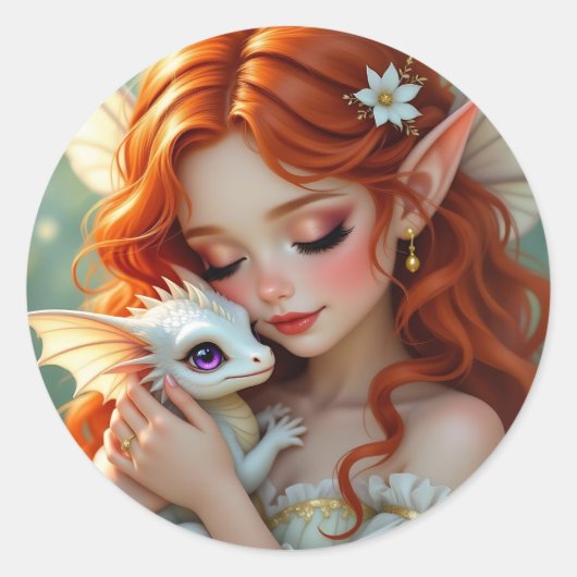Pretty Red Haired Fairy with Dragon  Runder Aufkleber (Vorderseite)