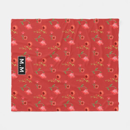 Pretty Red Poppies Pattern Monogram Fleecedecke (Vorderseite (Horizontal))