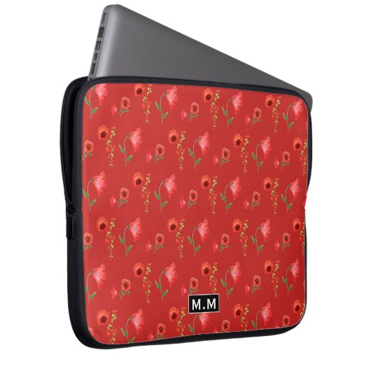 Pretty Red Poppies Pattern Monogram Laptopschutzhülle (Vorne Rechts)