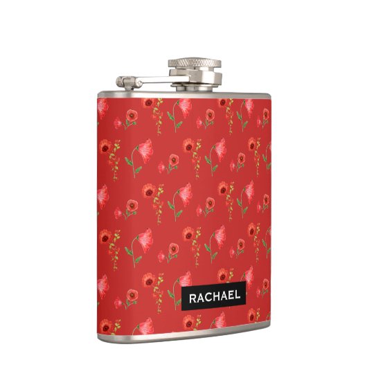 Pretty Red Poppies Pattern Personalised Flachmann (Rechts)