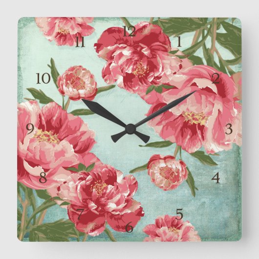 Pretty Retro Flower Chintz Peonies Personalized Quadratische Wanduhr (Vorderseite)