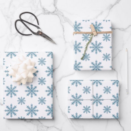 Pretty retro snowflake pattern blues watercolor geschenkpapier set (Vorderseite)