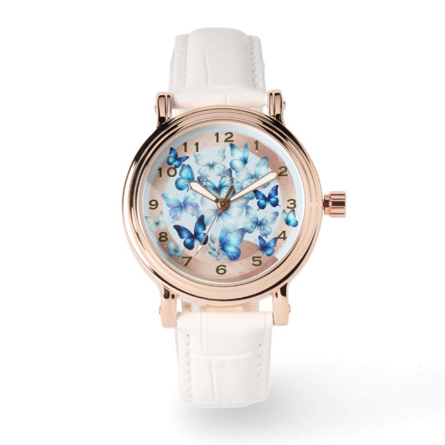 Pretty Rose Gold Look Blue Butterfly eWatch Watch Armbanduhr (Vorderseite)