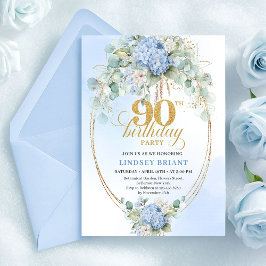 Pretty Soft Blue Hydrangea Gold 90th Birthday Card Einladung