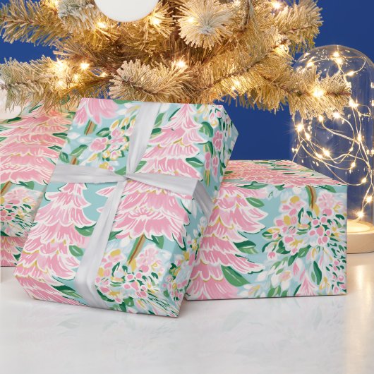 Pretty Soft Pastel Pink & Teal Pine Trees Holiday Geschenkpapier (Feiertage)