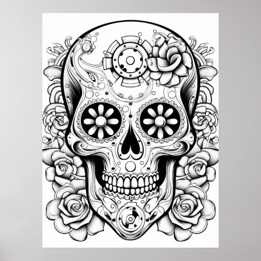 Pretty Sugar Skull Image Black + White Art on Wall Poster (Vorne)