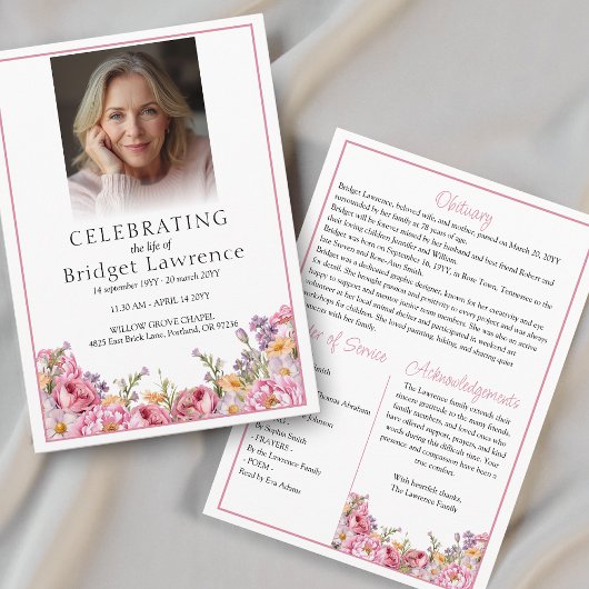 Pretty Summer Pink Peony Memorial Service Funeral Programm