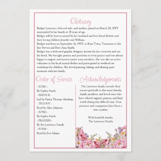 Pretty Summer Pink Peony Memorial Service Funeral Programm (Rückseite)