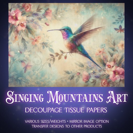 Pretty Vintage Florals & Hummingbird Decoupage Seidenpapier