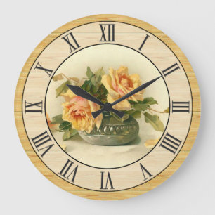 Pretty Vintage Yellow Roses Wood Look Border Große Wanduhr