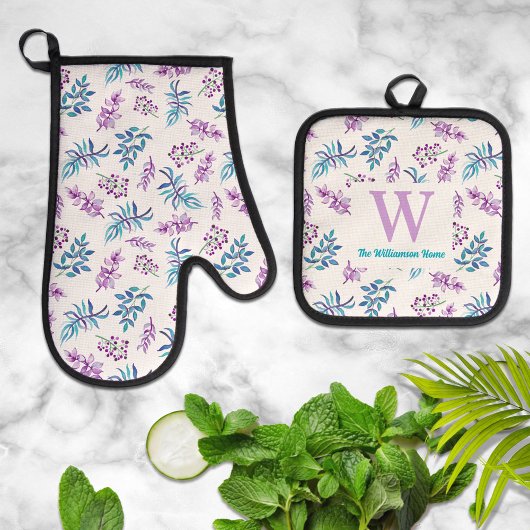 Pretty Watercolor Floral Personalized  Ofenhandschuh & Topflappen-Set