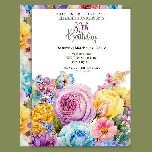 Pretty Watercolor Spring Floral 30th Birthday Einladung