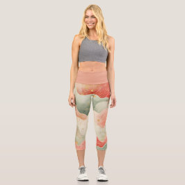 Pretty Watercolor Swirls Red/Green/Gold design Capri Leggings