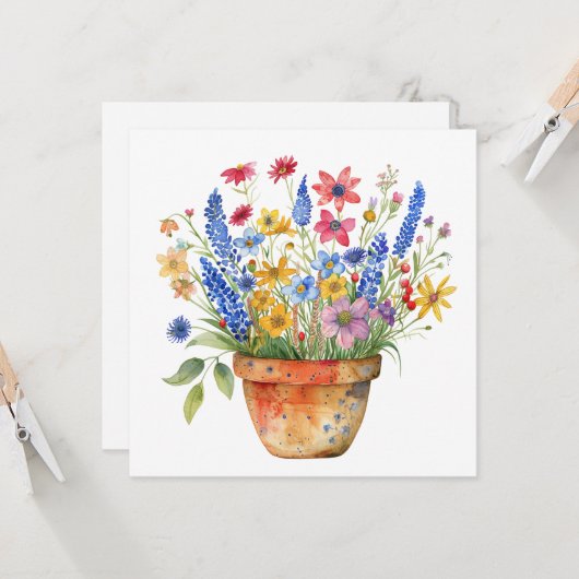 Pretty Whimsical Flowers in Pot Thinking of You  Karte (Vorderseite/Rückseite Beispiel)