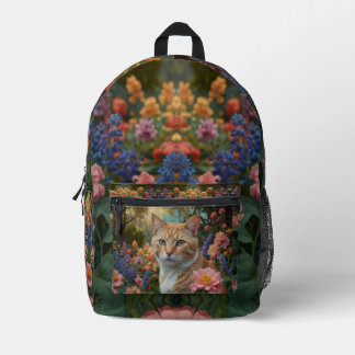 Pretty white orange cat in floral garden bedruckter rucksack