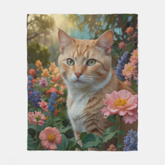Pretty white orange cat in floral garden fleecedecke