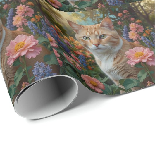 Pretty white orange cat in floral garden geschenkpapier (Rolleneckpunkt)