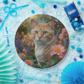 Pretty white orange cat in floral garden pappteller (Party)