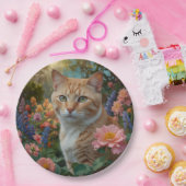 Pretty white orange cat in floral garden pappteller (Party)