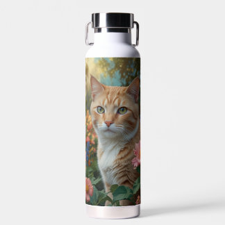Pretty white orange cat in floral garden trinkflasche