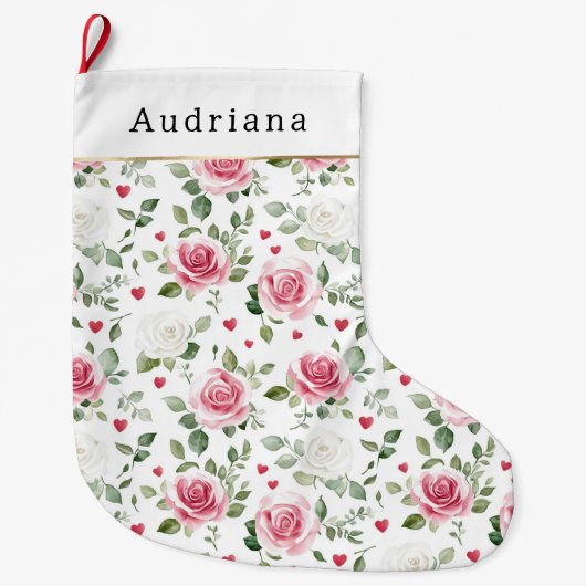 Pretty White Pink Hearts Roses Floral Christmas Großer Weihnachtsstrumpf (Vorderseite)