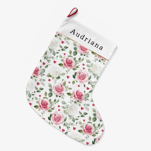 Pretty White Pink Hearts Roses Floral Christmas Großer Weihnachtsstrumpf (Vorderansicht (hängend))