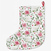 Pretty White Pink Hearts Roses Floral Christmas Großer Weihnachtsstrumpf (Rückseite)