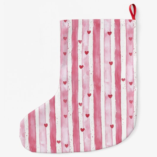 Pretty White Pink Hearts Stripes Christmas Großer Weihnachtsstrumpf (Rückseite)