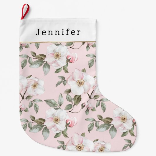 Pretty White Pink Roses Floral Christmas Großer Weihnachtsstrumpf (Vorderseite)