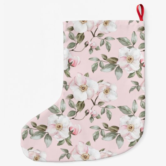 Pretty White Pink Roses Floral Christmas Großer Weihnachtsstrumpf (Rückseite)