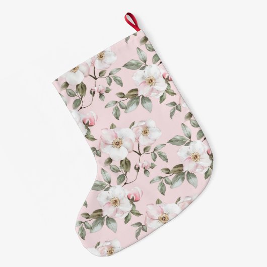 Pretty White Pink Roses Floral Christmas Großer Weihnachtsstrumpf (Rückseite (Hängend))