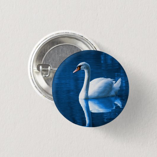 Pretty white swan floating on blue lake button (Vorne & Hinten)